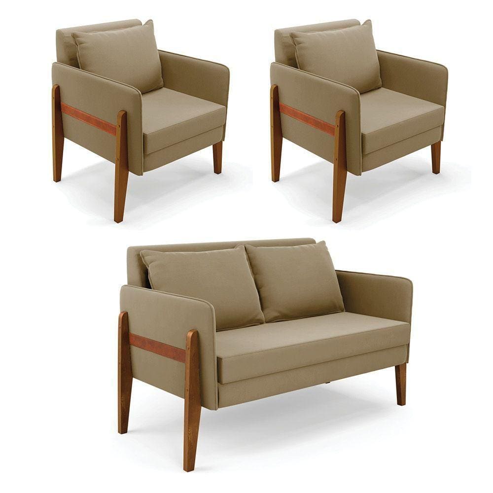 Kit 1 Sofá Namoradeira E 2 Poltronas Lana Suede Marrom Rato Base De Madeira - D`rossi