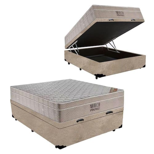imagem-Cama Box Baú Casal Suede + Colchão Casal Molas Ensacadas Airtech 69x138x188 Suede Bege