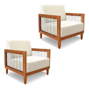 Kit 2 Poltronas Decorativa Marilia Linho Natural Base Em Madeira Castanho - Pallazio