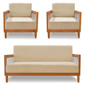 Kit 2 Poltronas E Sofá Living 2 Lugares Marilia 1,60m Linho Dourado Base Em Madeira Castanho - Pallazio
