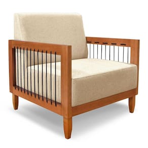 Poltrona Decorativa Marilia Linho Dourado Base Em Madeira Castanho - Pallazio