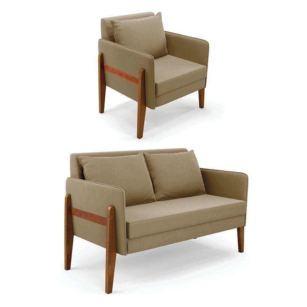 Kit 1 Sofá Namoradeira E 1 Poltrona Lana Suede Base De Madeira - D`rossi Cor Marrom Rato