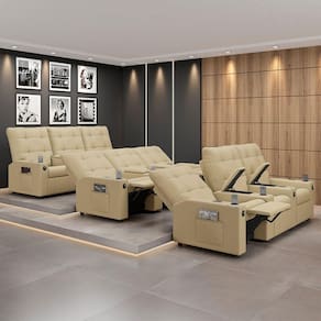 Poltrona Do Papai Reclinável Sala De Cinema Movie 3 Lugares Manual Baú Usb Veludo Bege