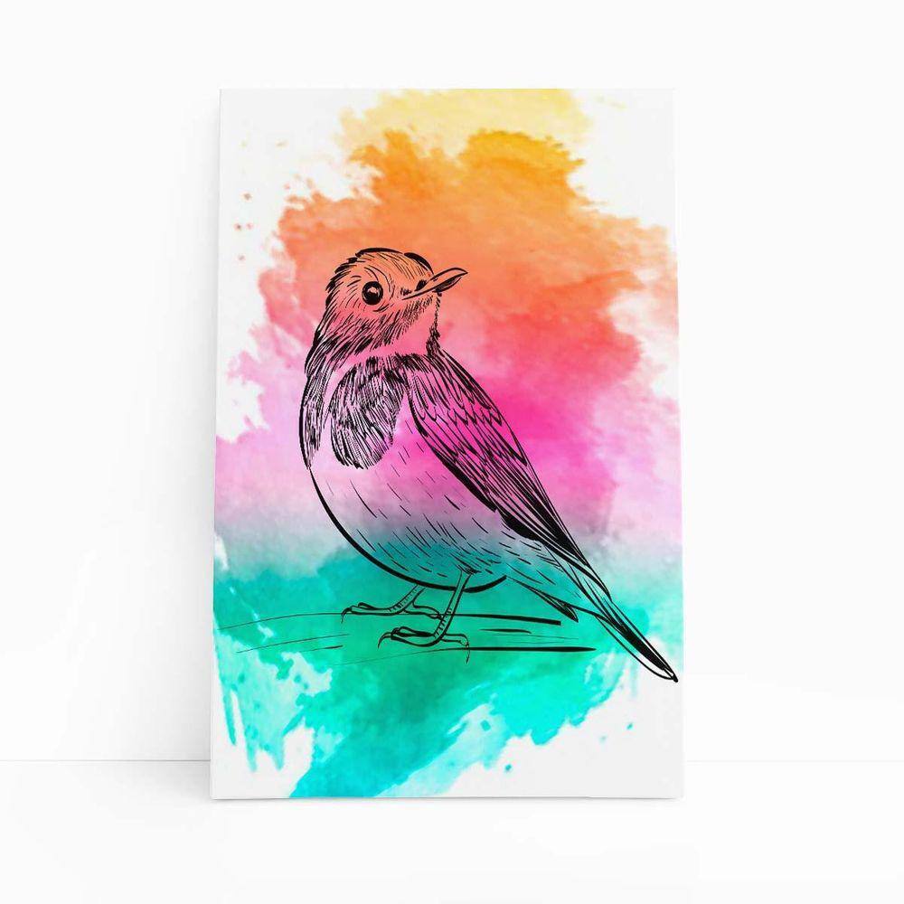 Passarinho Aquarela Arte Colorido Quadro Canvas 60X40Cm