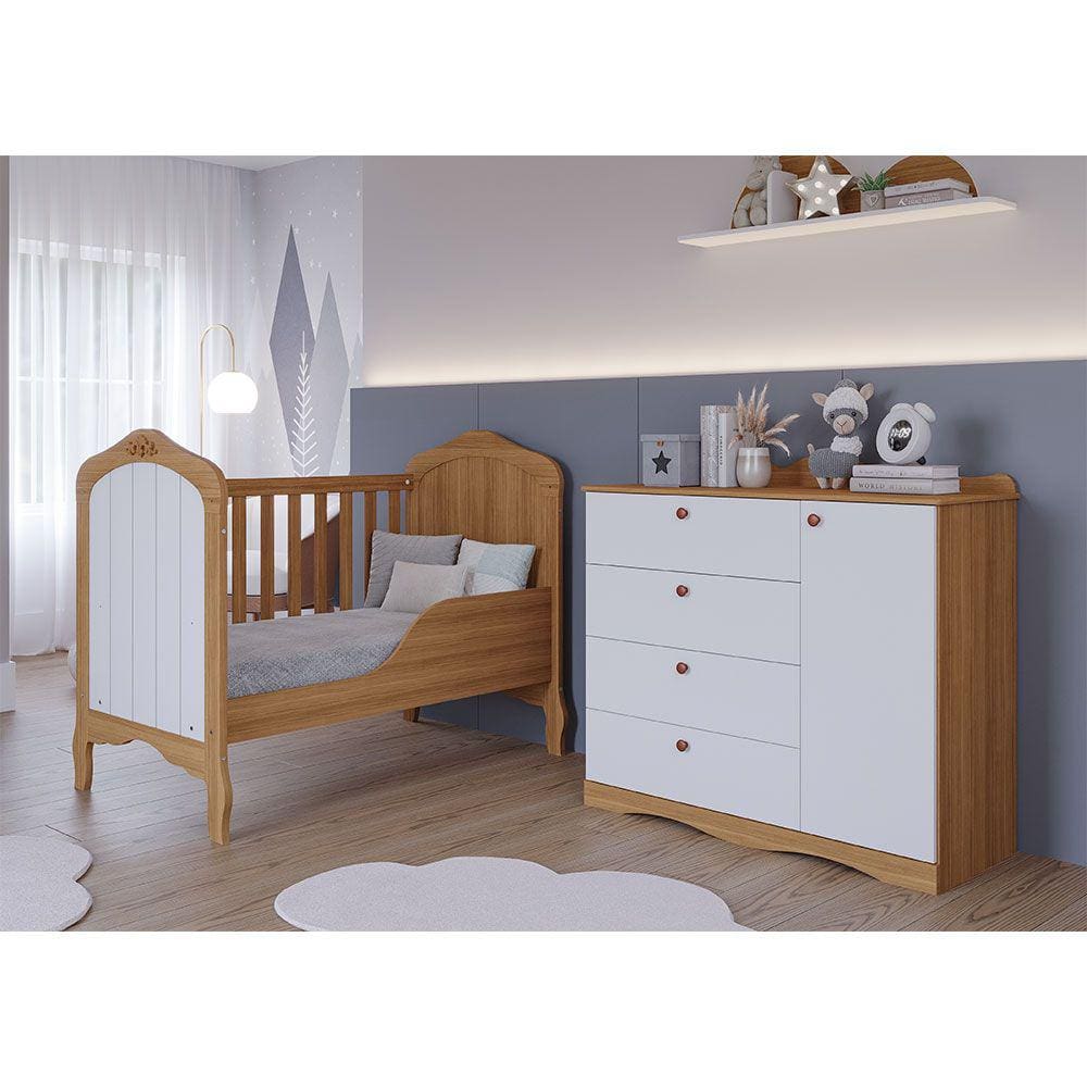 Conjunto Quarto de Bebe Comoda Encanto e Berço Harmonia 100% MDF Permóbili Baby Nature/Branco