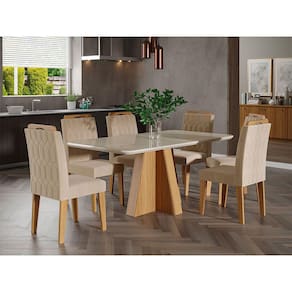 Conjunto Sala de Jantar Maitê 160X80 Tampo em MDF/Vidro 6 Cadeiras Paola Cimol Nature/Off White/Nude - CIMOL MOVEIS
