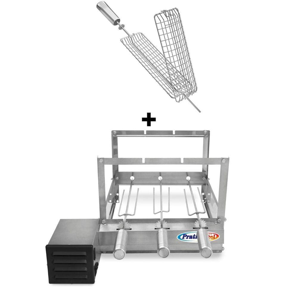 Gira Grill Inox c/ 3 Espetos Tridente + Espeto Grelha Pratic