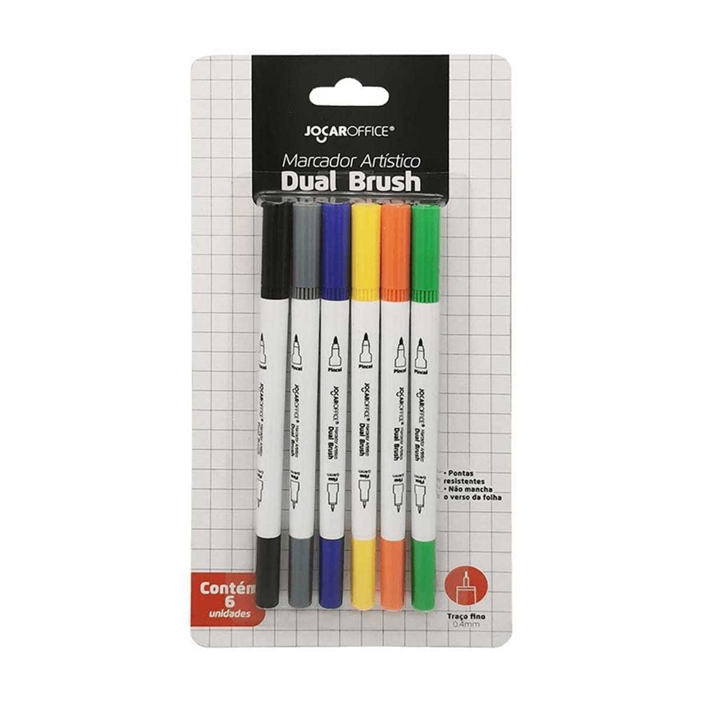 Caneta marcador Dual Brush e Ponta Fina 6 Cores