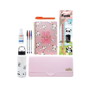 Kit Papelaria Panda Escolar Escritorio Caderneta Garrafa Caneta