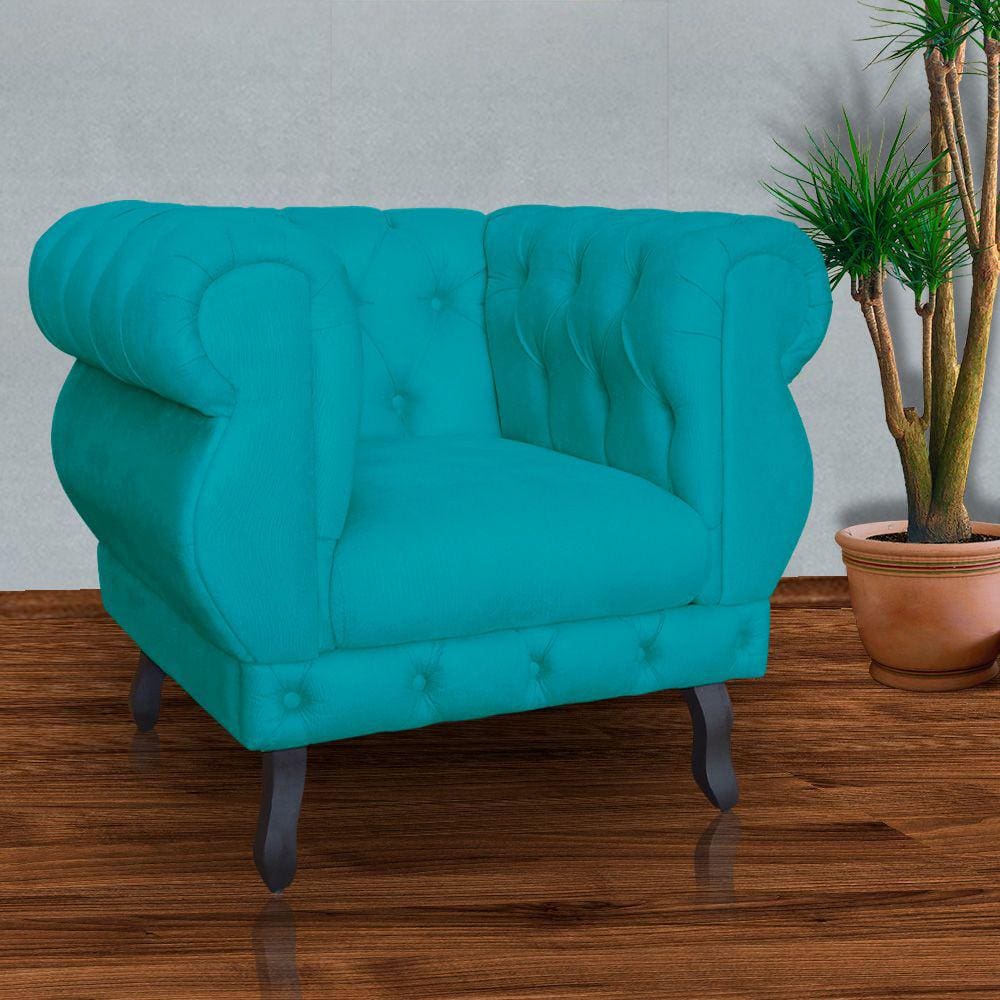 Poltrona Decorativa Sala Recepção Maya Suede Azul Turquesa LM DECOR