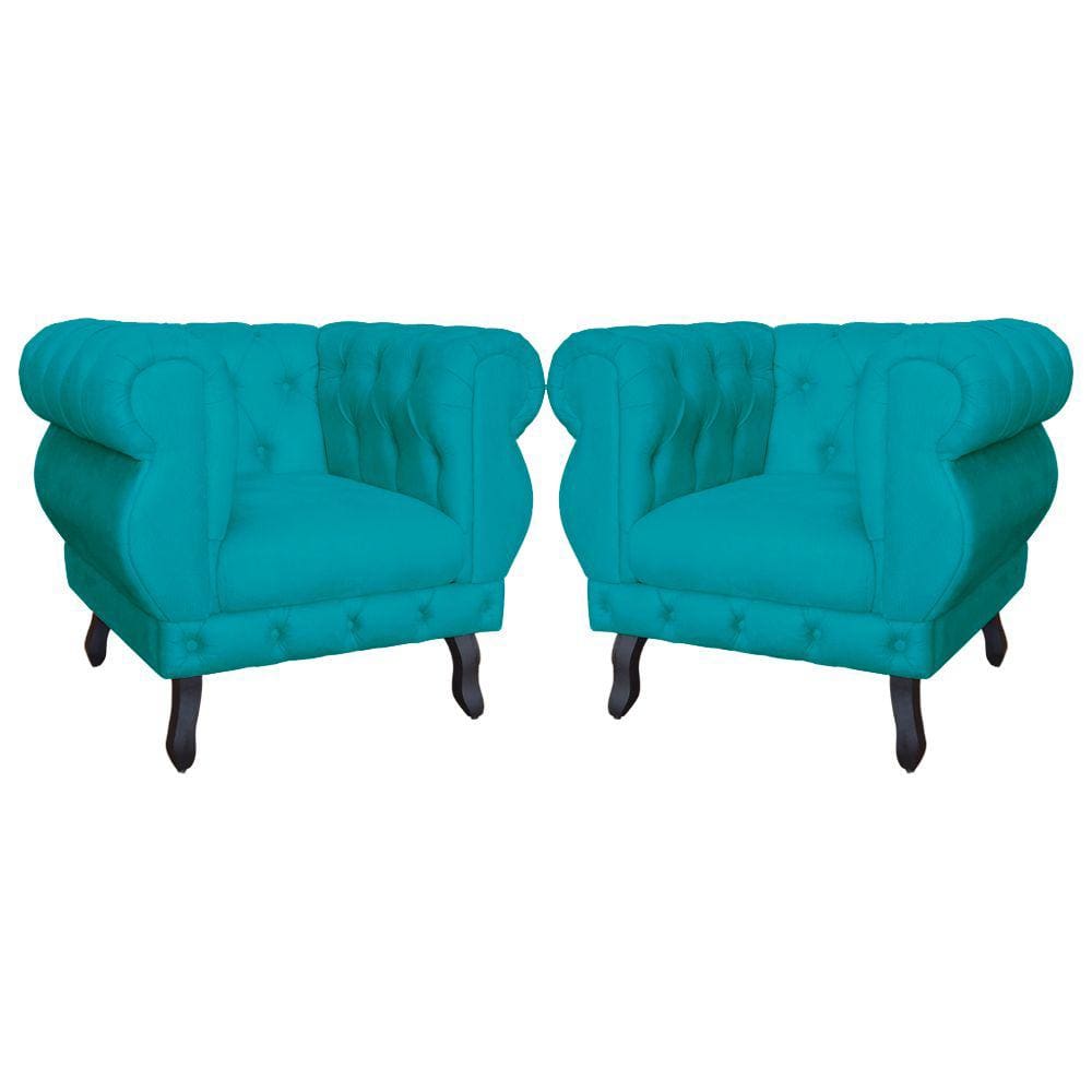 Kit 2 Poltronas Decorativa Sala Recepção Maya Suede Azul Turquesa LM DECOR