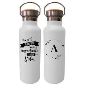 Garrafa Térmica Branca Tampa Bambu Personalizada