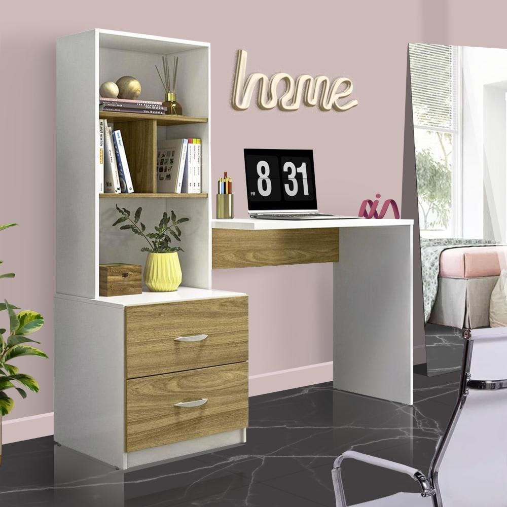 Mesa De Estudos 2 Gavetas Com Estante Branco Nature Suzzi Shop JM - Branco