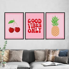 Kit 3 Quadros Cereja Abacaxi Good Vibes 33X24Cm