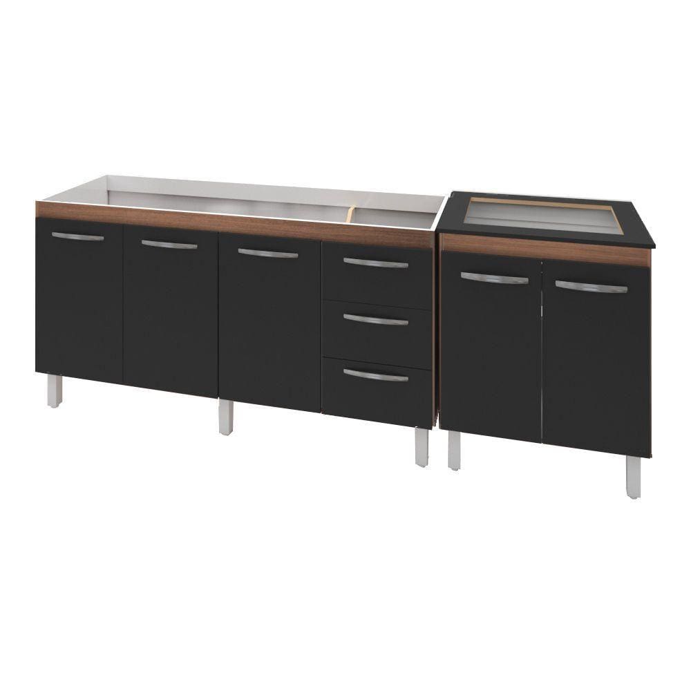 Armário Cozinha Gabinete Pia De 160 Cm Emily Com Balcão Cooktop 4 Bocas Savana Frente Preta Jade