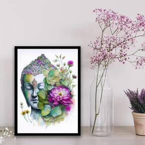 Quadro Aquarela Buda Com Flor De Lotus 24X18Cm - Vidro Preta