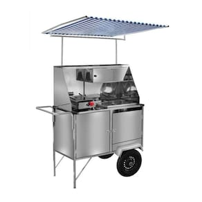 Carrinho Cachorro Quente e Lanche Inox com Toldo e Rodas Pneumáticas