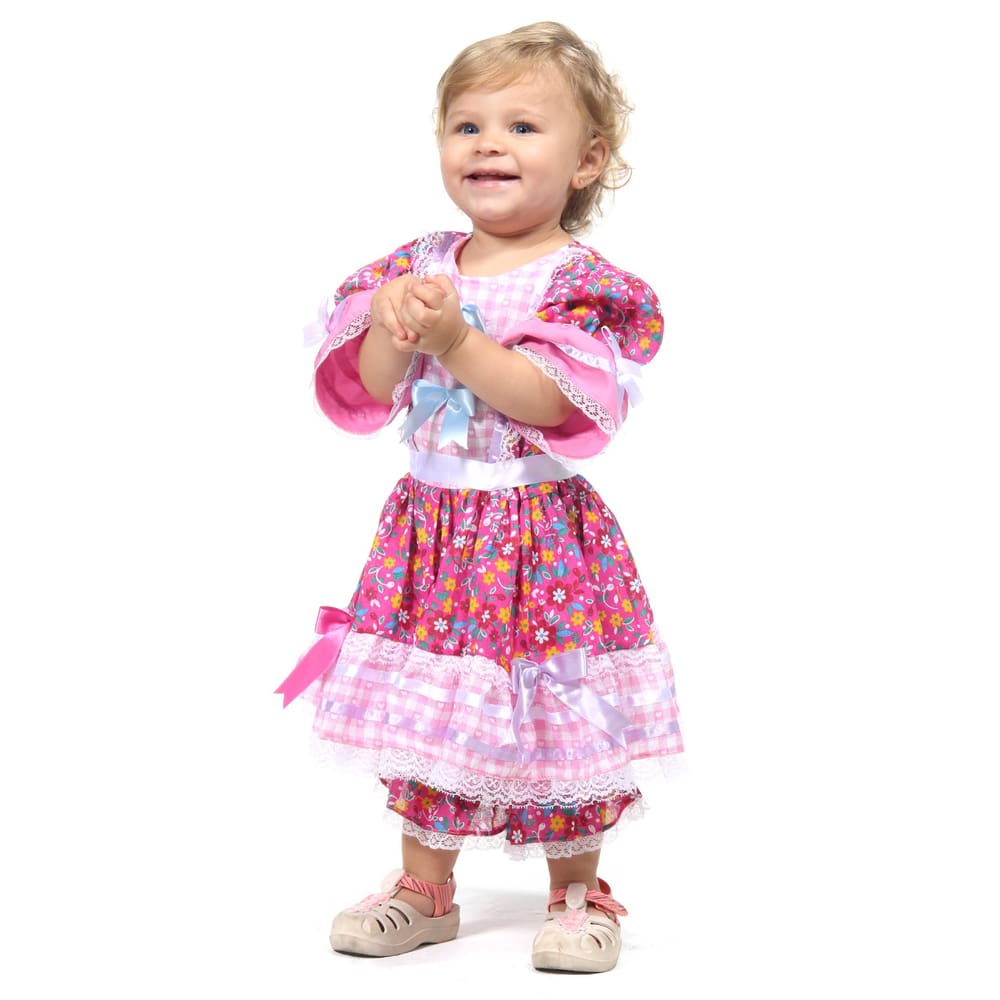 Vestido Bebê Caipira Rosa Roupa Festa Junina Baby com Culote