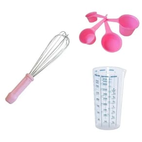 Batedor 30 Cm Rosa + Copo Medidas + Xicaras De Medidas Rosa