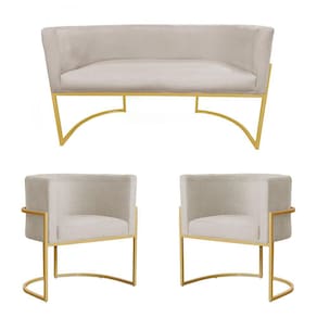 Kit Decorativo Poltrona e Namoradeira Luana Suede Bege Base Metálica - Vallisa Decor