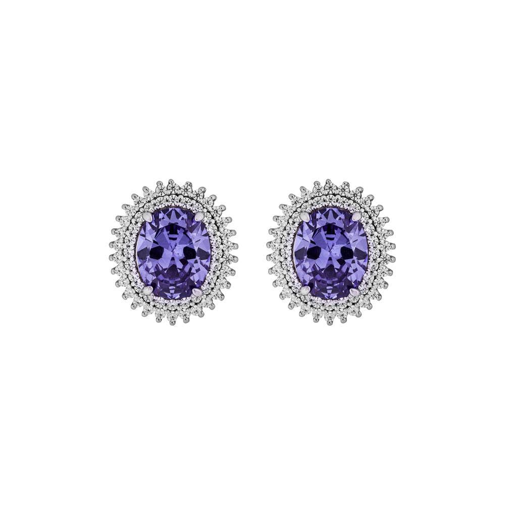 Brinco Oval Médio Com Zircônia Tanzanita E Zircônias Em Prata 925 E Ródio