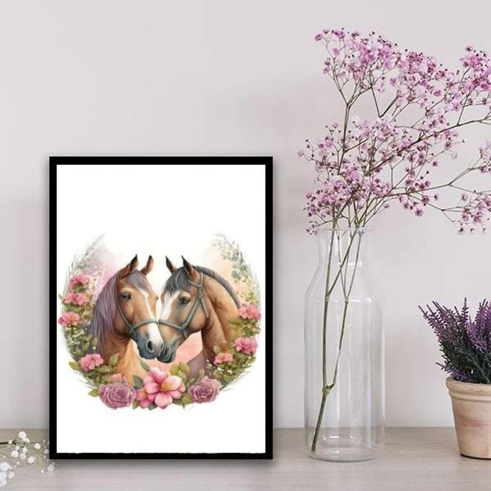 Quadro Decorativo Casal De Cavalos Aquarela 33X24Cm - Vidro