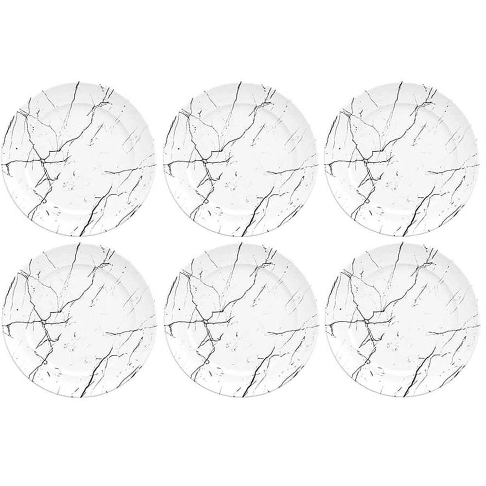 Jogo 6 Pratos de Sobremesa de Porcelana Germer Mármore Branco Raso Redondo 20,5cm