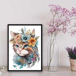 Quadro Decorativo Aquarela Gato Flores 33X24Cm