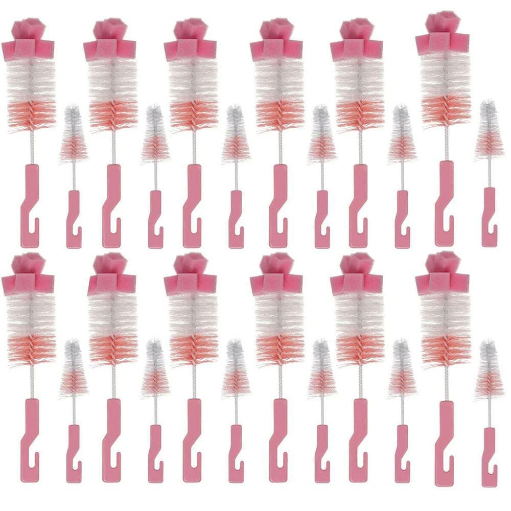 12 Kits de Escovas para Limpeza de Mamadeira e Bico Higienização Esponja Buba Rosa