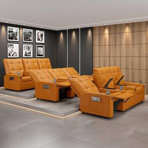 Poltrona Do Papai Reclinável Sala De Cinema Movie 3 Lugares Manual Baú Usb Pu Whisky