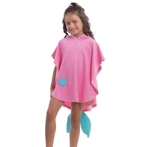 Roupão Poncho Infantil Atoalhado com Capuz Sereia Rosa Cecí
