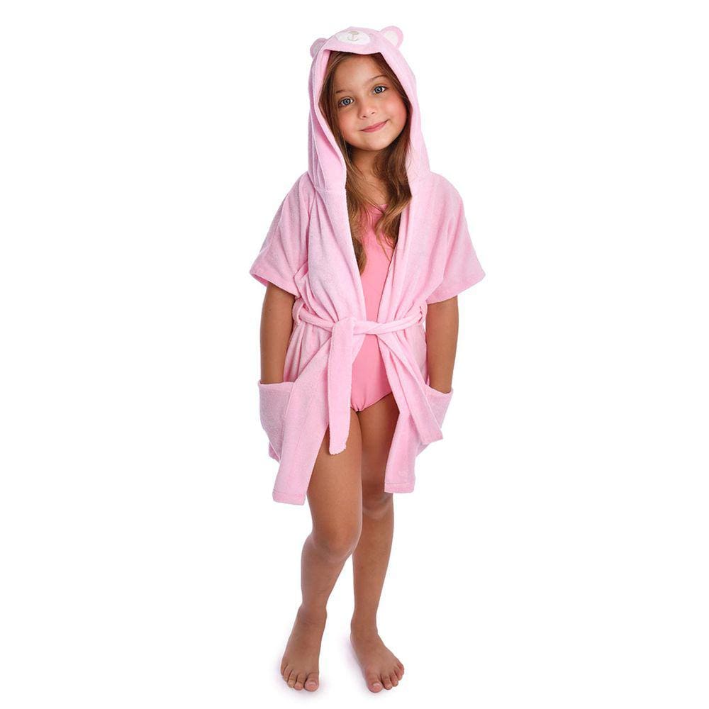 Roupão Infantil Manga Curta Atoalhado com Capuz Ursinho Rosa Everly