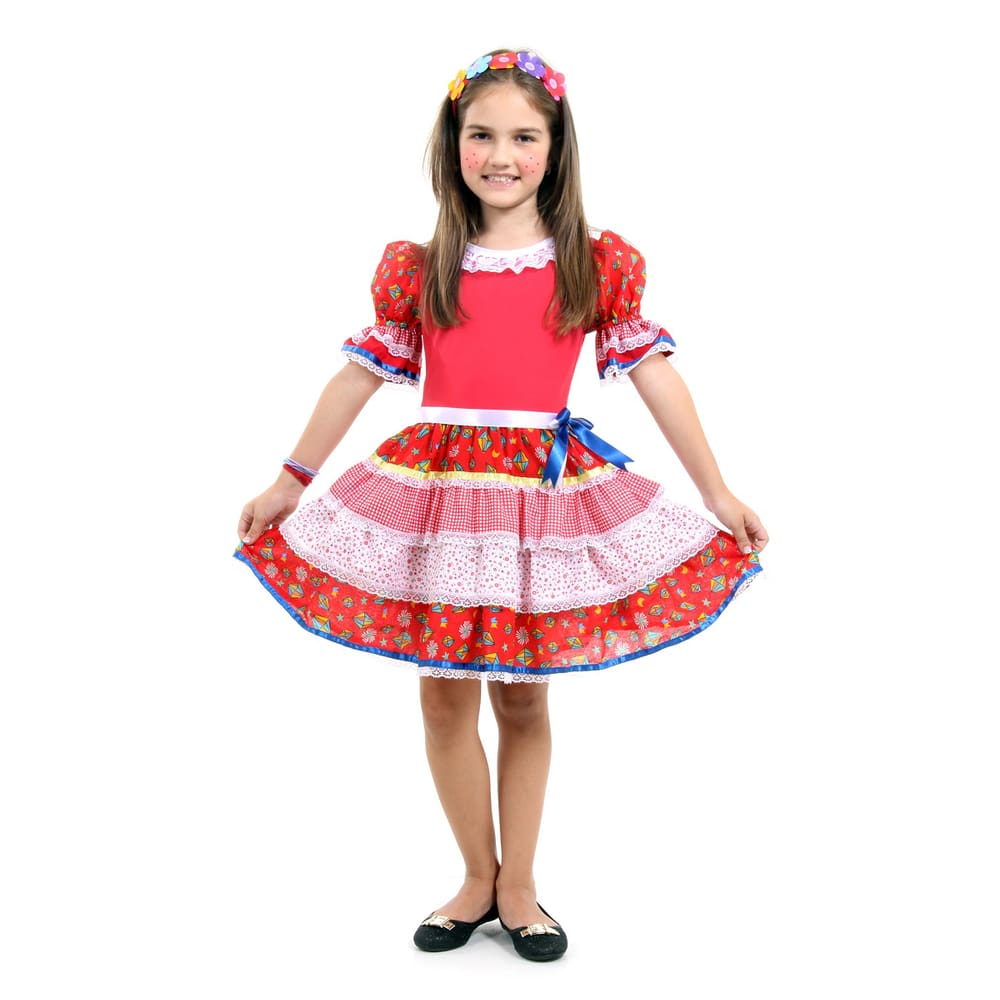 Vestido Caipira Infantil Vermelho Junina Quadrilha + Tiara