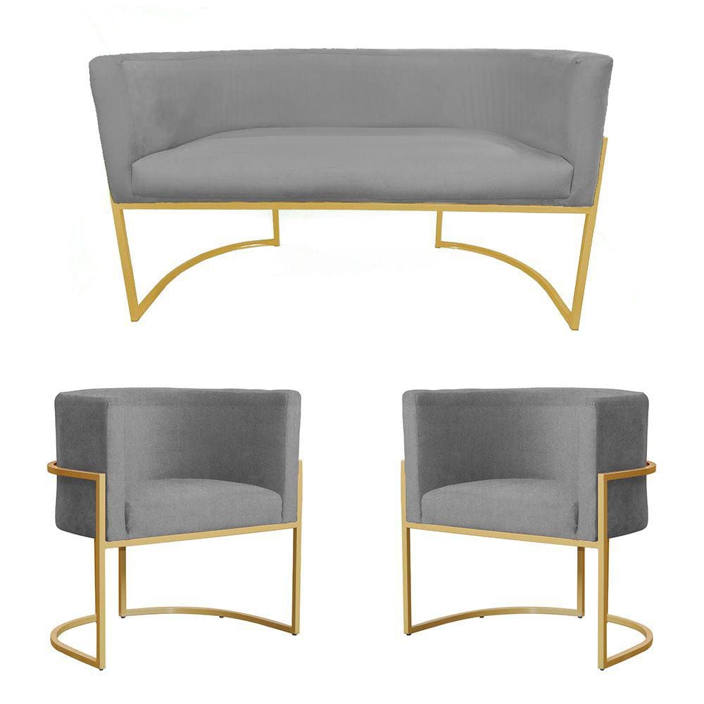 Kit Poltrona e Namoradeira Luana Suede Cinza Base Metálica Dourada - Vallisa Decor