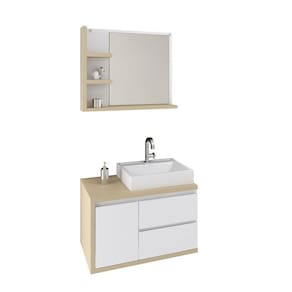 Conjunto para Banheiro Gabinete Suspenso 2 Gavetas 1 Porta com Cuba e Espelheira 3 Prateleiras Marselha Berton Nude/Branco