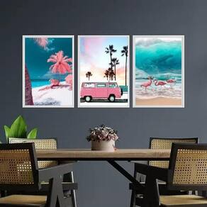 Kit 3 Quadros Praia Kombi Rosa 45X34Cm - Com Vidro Branca