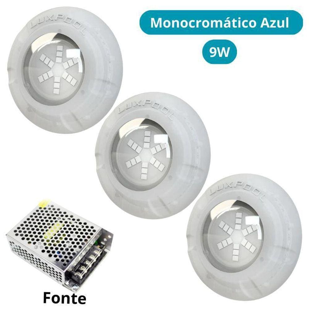Kit Iluminação Azul Piscina 48M 3 Leds Com Fonte Luxpool