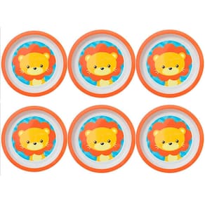 6 Pratos Infantil Buba de Criança Prato Raso Redondo 21cm Plástico Leão Animal Fun Laranja