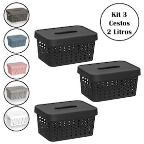 Kit 3 Cestos Organizador Com Tampa 2 Litros Multiuso