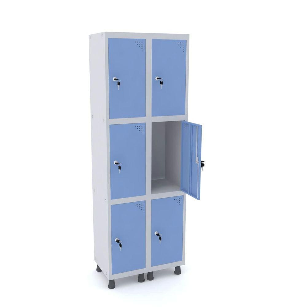 Roupeiro De Aço 2M 06 Portas Fechadura Pandin - Cinza/Azul Dalí