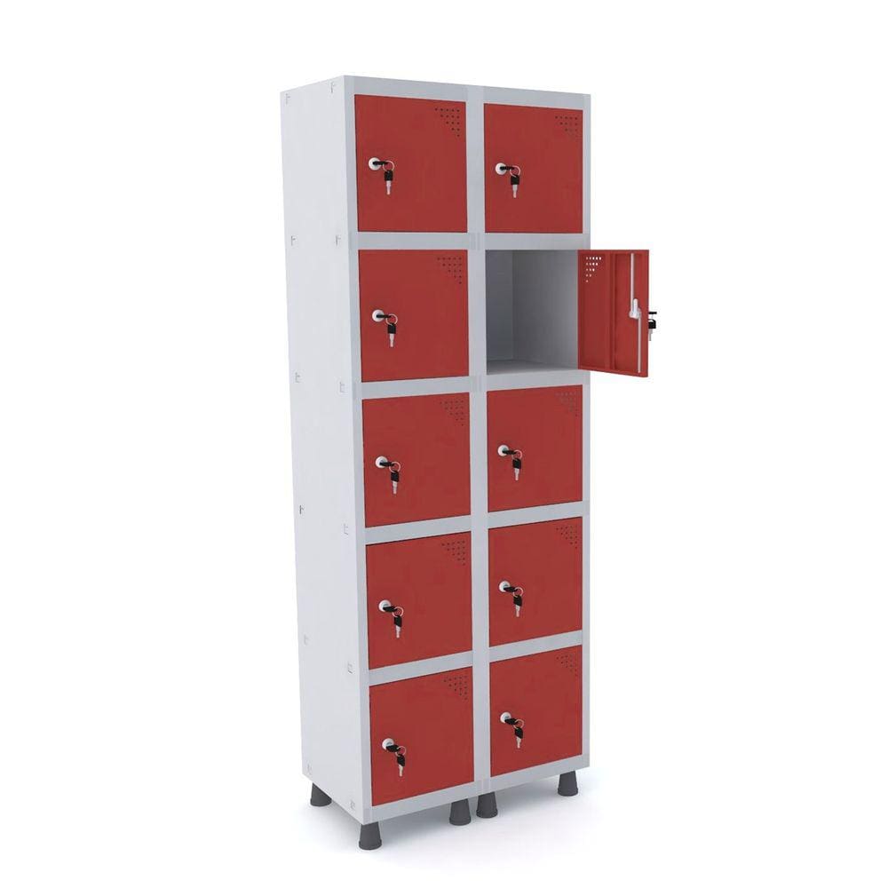 Roupeiro De Aço 2M 10 Portas Fechadura Pandin - Cinza/Vermelho