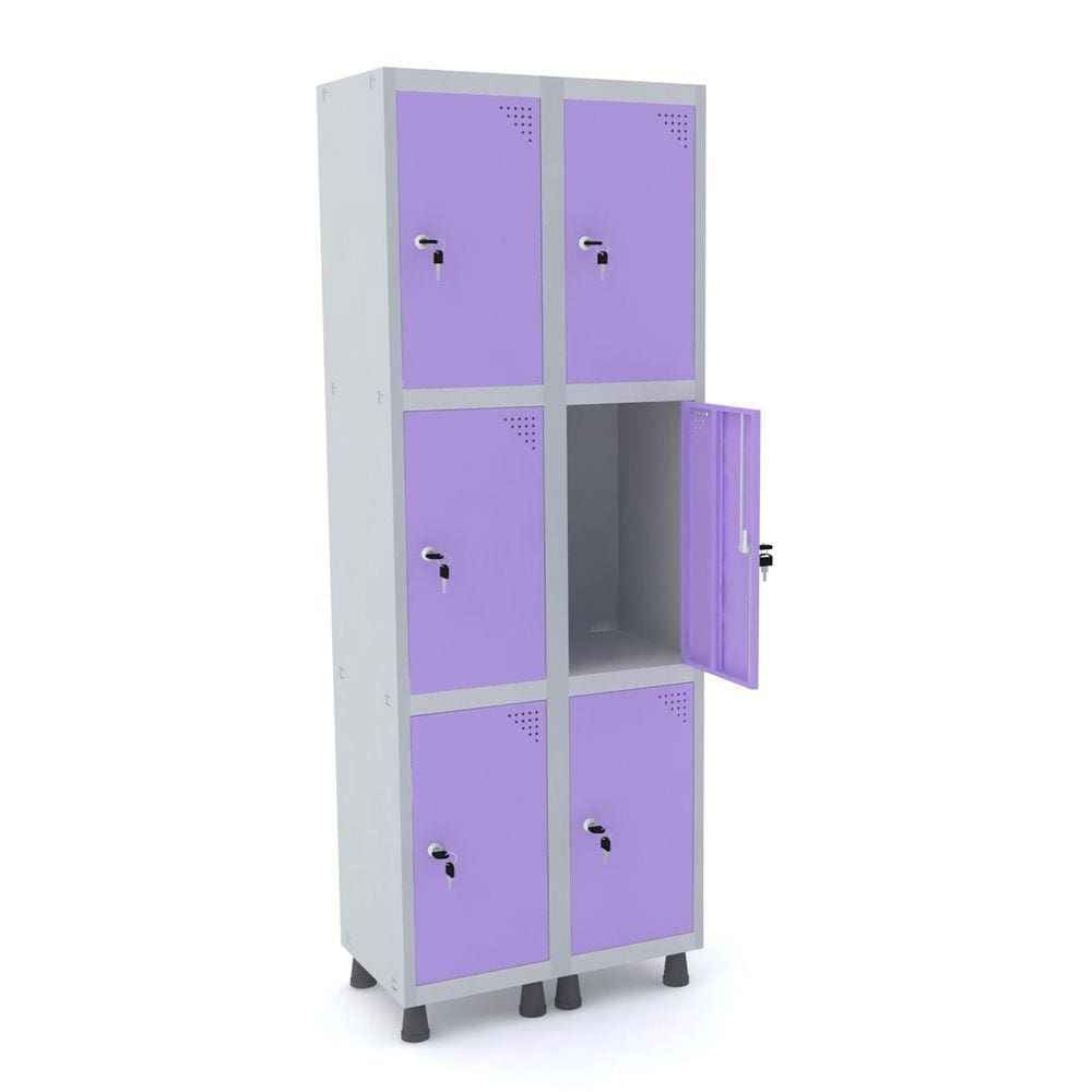Roupeiro De Aço 2M 06 Portas Fechadura Pandin - Cinza/Lilás