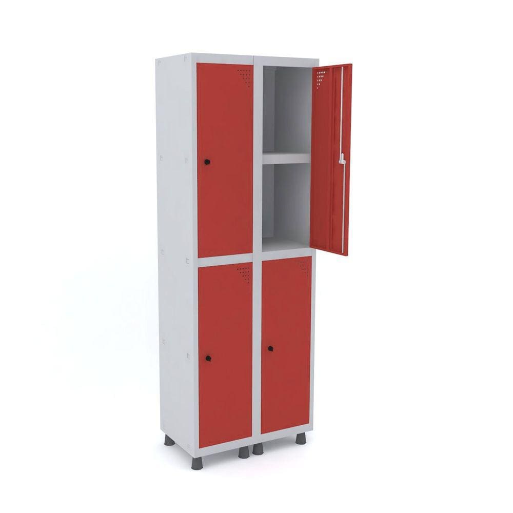 Roupeiro De Aço 2M 04 Portas C/ Prat. Pitão Pandin - Cinza/Vermelho