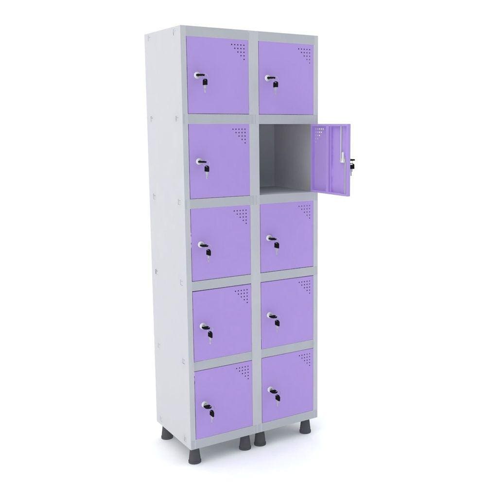 Roupeiro De Aço 2M 10 Portas Fechadura Pandin - Cinza/Lilás