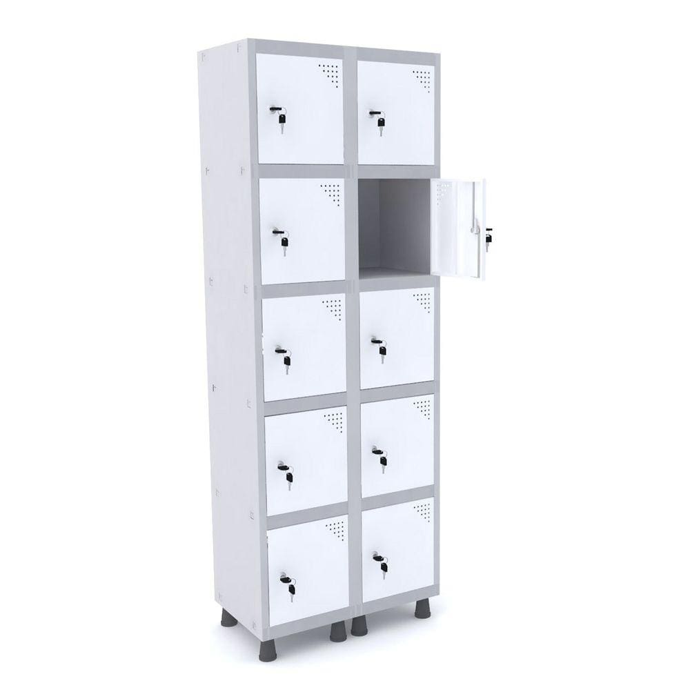 Roupeiro De Aço 2M 10 Portas Fechadura Pandin - Cinza/Branco