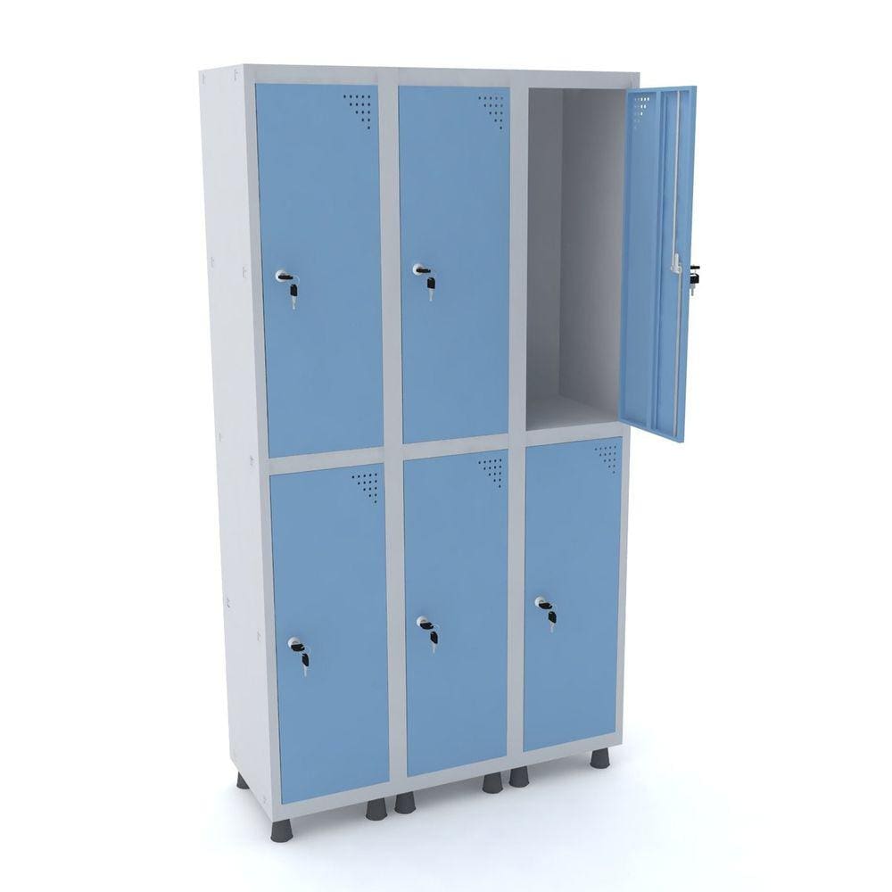 Roupeiro De Aço 3M 06 Portas Fechadura Pandin - Cinza/Azul Dalí