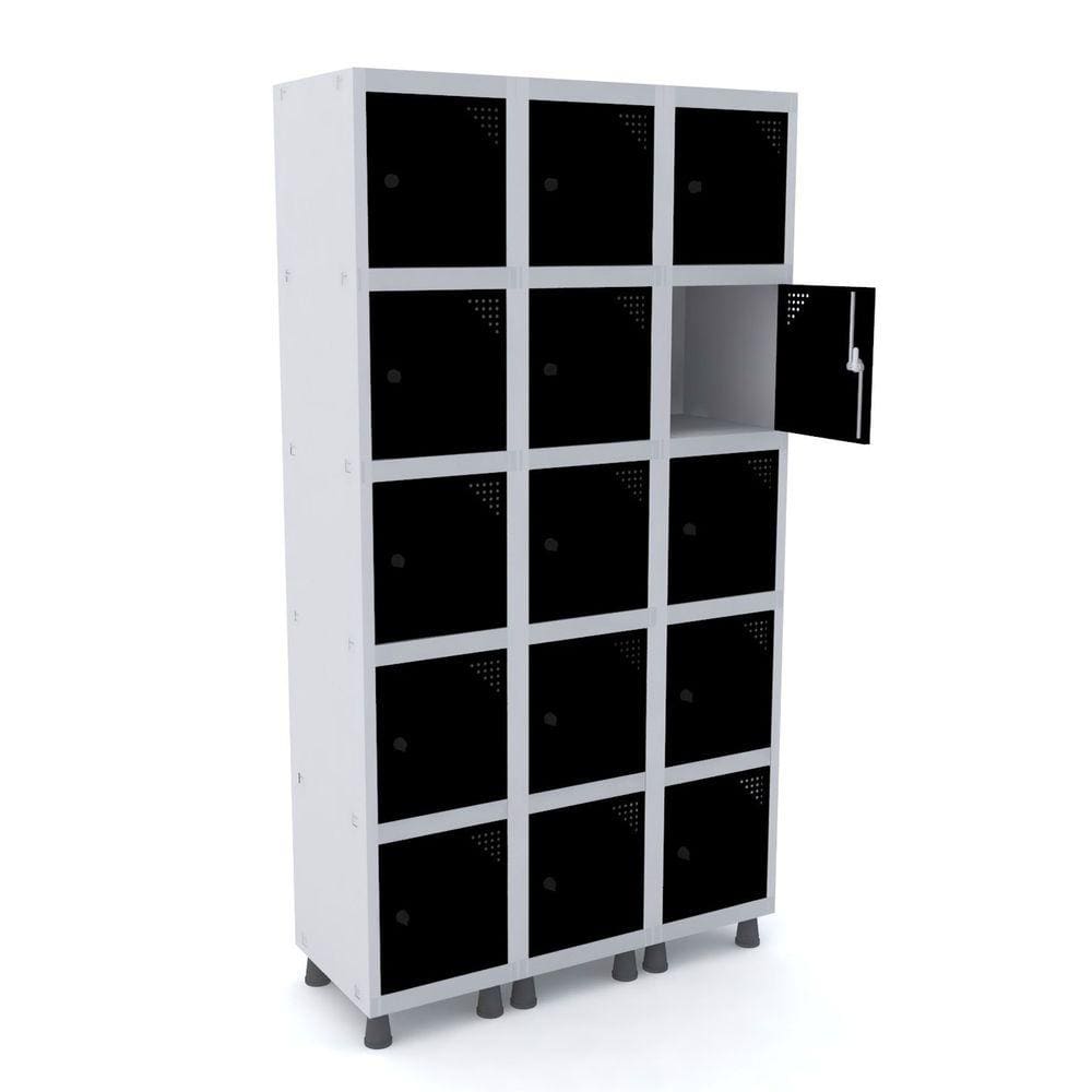 Roupeiro De Aço 3M 15 Portas Pitão Pandin - Cinza/Preto
