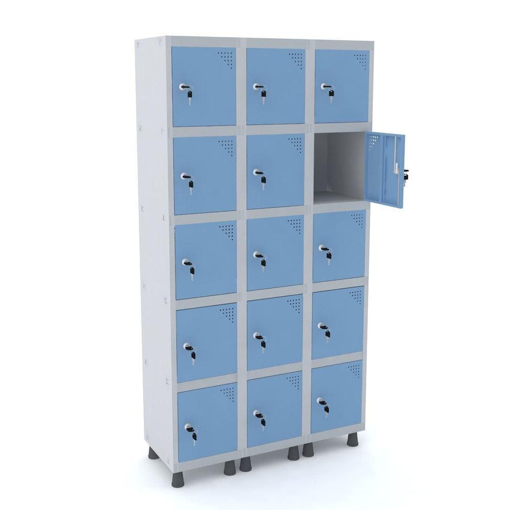 Roupeiro De Aço 3M 15 Portas Fechadura Pandin - Cinza/Azul Dalí