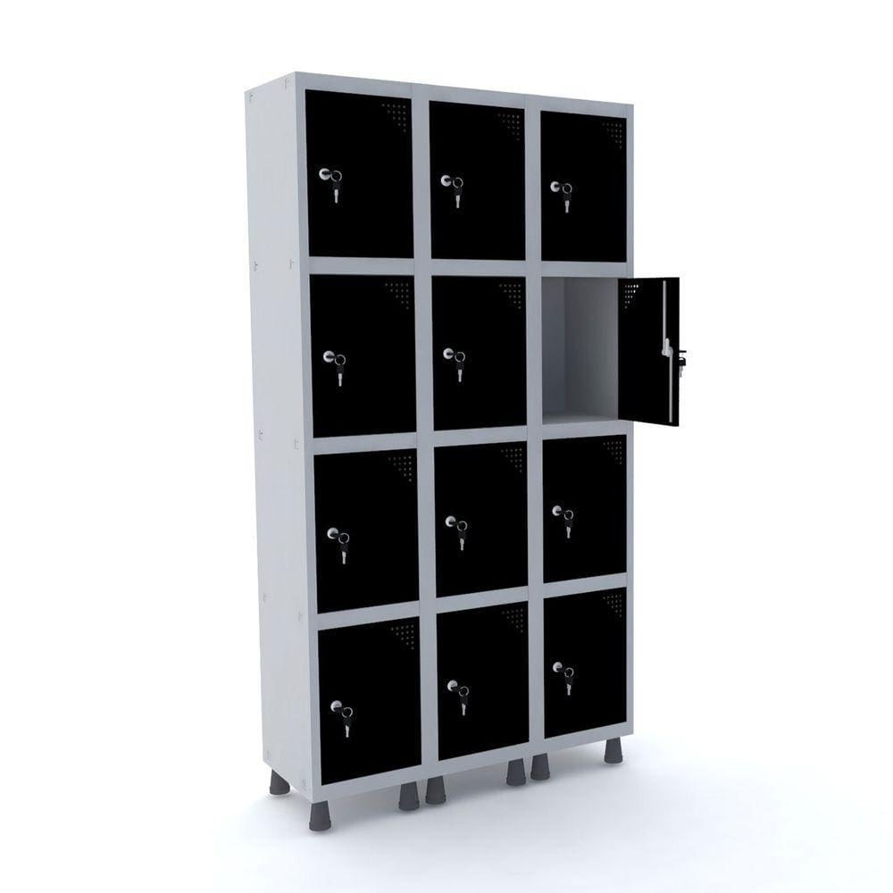 Roupeiro De Aço 3M 12 Portas Fechadura Pandin - Cinza/Preto