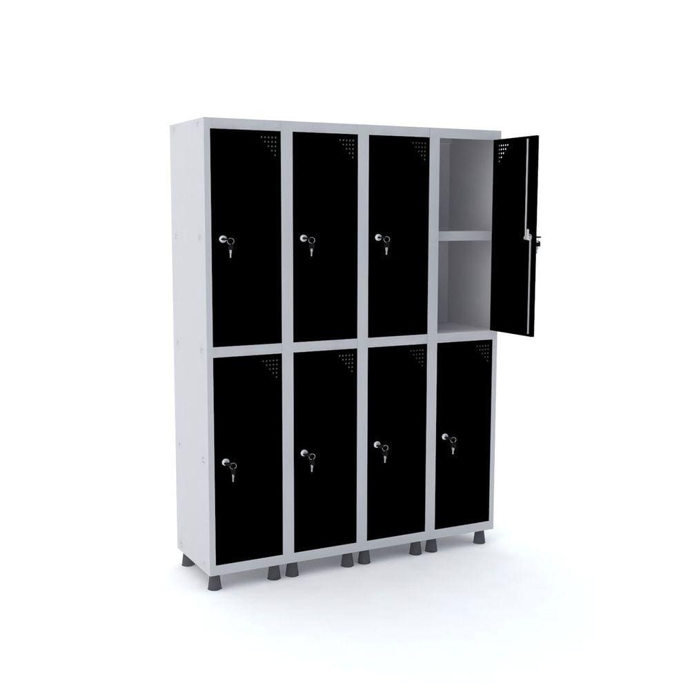 Roupeiro De Aço 4M 08 Portas C/ Prat. Fechadura Pandin - Cinza/Preto